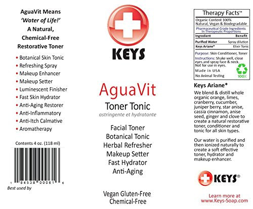 Keys AguaVit All Natural, Chemical-Free, Organic Vegan Botanical Restorative Toner Tonic, Spray Refresher, Fast Skin Hydrator, Makeup Setter, Light