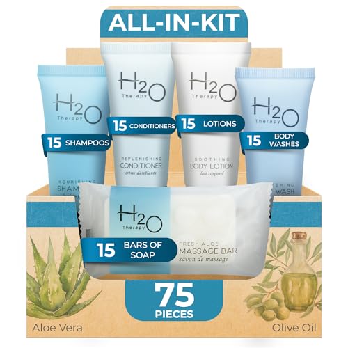 H2O Therapy Hotel Soaps & Toiletries Bulk Set | 1-Shoppe Amenities Kit | 0.85oz Shampoo & Conditioner, Body Wash, Lotion, 1oz Bar Soap | Travel Size |