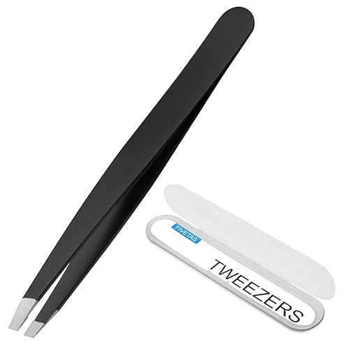 FIVETAS Stainless Steel Tweezers for Eyebrows-Slant Tweezer with Case for Women&Man,Great Precision on Brow,Facial Hair and Ingrown Hair