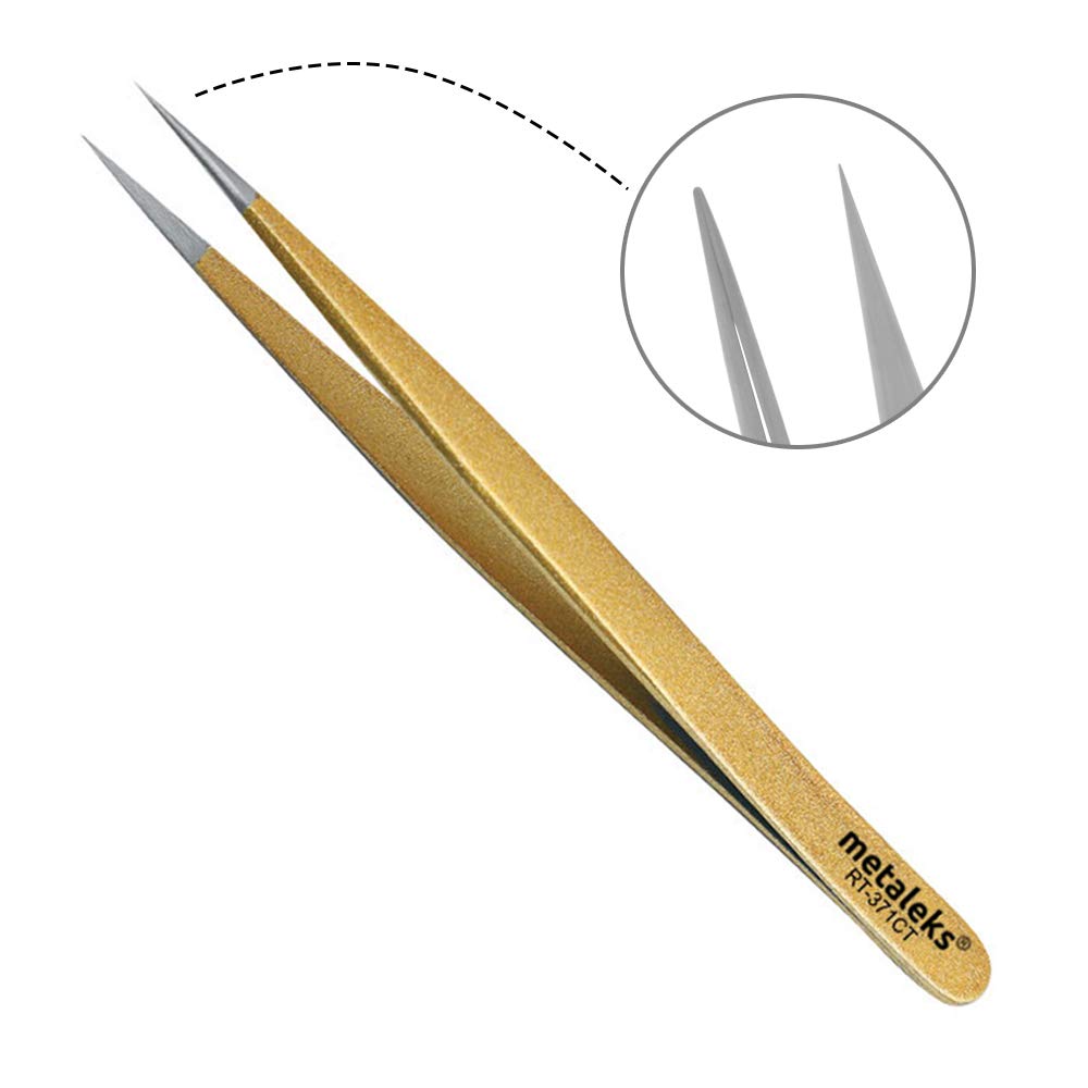 Tweezers for Eyelash Extension Hand Crafted Surgical Stainless Steel Metallic Gold Powder Coated (Supper Straight Tip.)