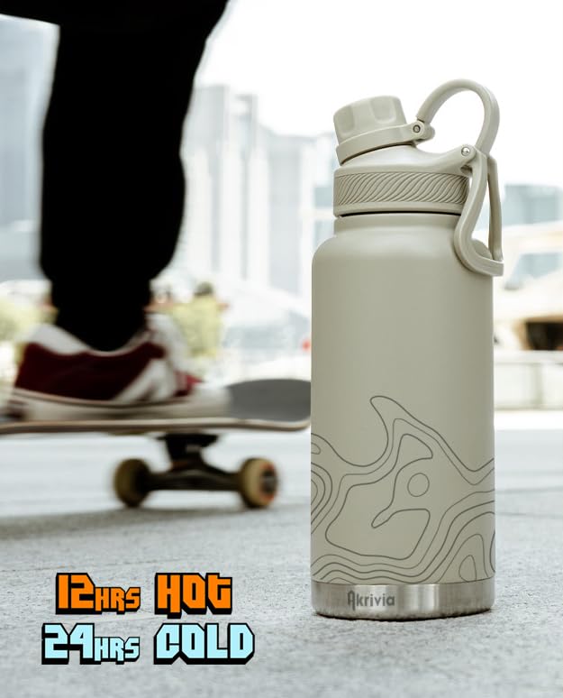 Akrivia Stainless Steel Water Bottle - Ultra Tough 32oz / 1 Liter Vacuum Insulated Double Wall Flask, Metal Canteen, (Stealth Black/Gray)