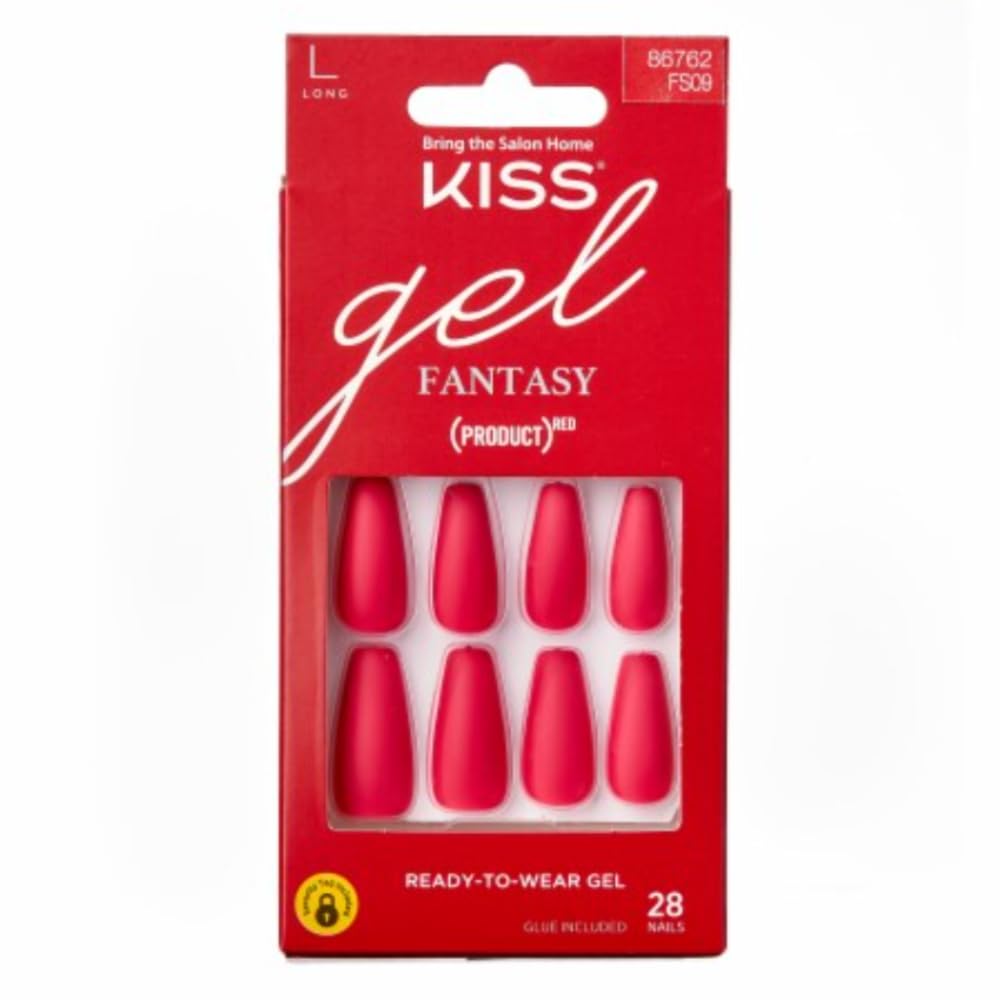 KISS (PRODUCT) RED Gel Fantasy Sculpted Fake Nails 'Love', Ready-to-Wear Gel Nails, Long, Coffin, Red Gel Nail Kit with Pink Nail Glue, Manicure Beauty & Personal Care KISS