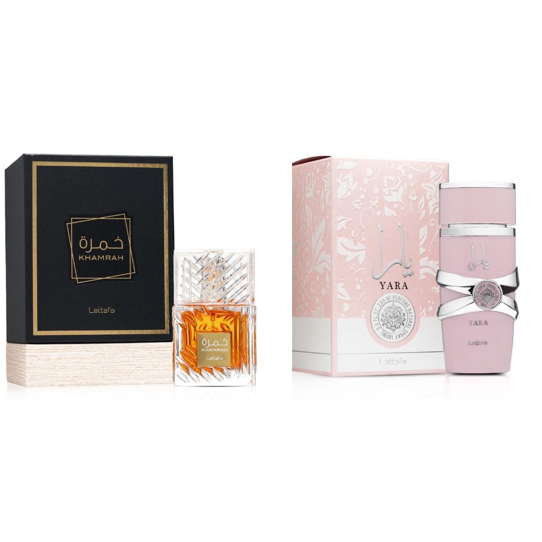 Lattafa Yara & Khamrah Eau De Parfum 100ml Each (3.4 oz) | Long-Lasting Unisex & Women’s Fragrance Set | Arabic Perfume Bundle | Sweet, Spicy &