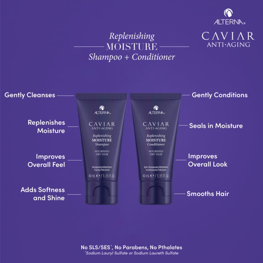 Alterna Haircare CAVIAR Anti-Aging Replenishing Moisture Trial Kit - Shampoo, Conditioner, Leave-In CC Cream | For Dry, Brittle Hair | Protects