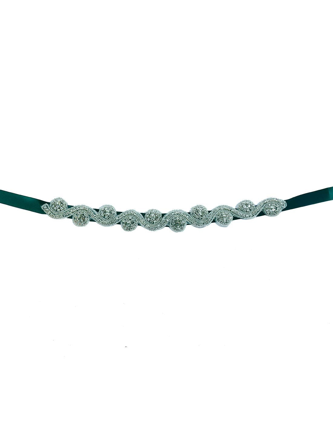 uxcell Women Beaded Rhinestone Satin Ribbon Bridal Belt Green