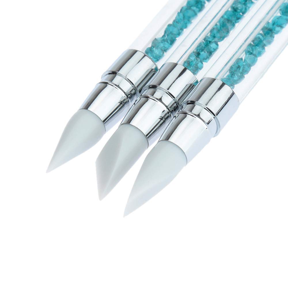 BornBeauty 2 Ways Silicone Nail Art Acrylic Pen Brushes set 3 Pcs Blue Rhinestones Design Sculpture Carving Brush for 3D Effect Shaping Drawing Beauty & Personal Care Born Beauty