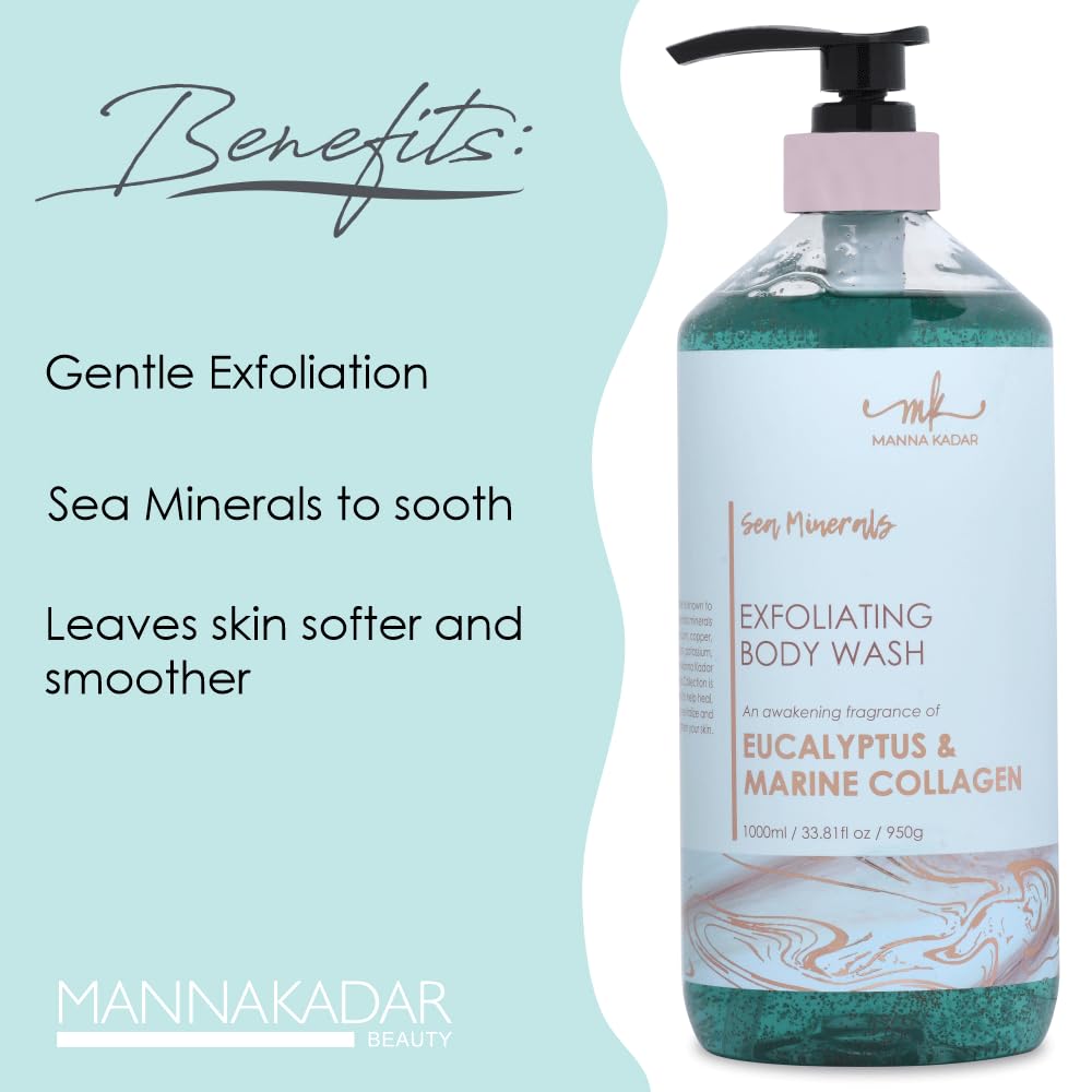 Manna Kadar Beauty Dead Sea Minerals Exfoliating Body Wash, Eucalyptus Marine - Body Wash, Shower Gel, Moisturizing Scrub, Brighten Dull Skin