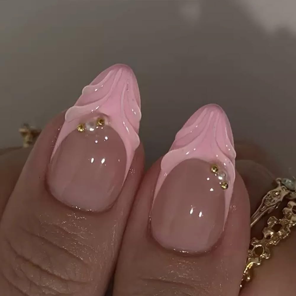 FJSMTOPl Flower Press on Nails Pink Fake Nails Mudium Almond False Nails Press ons with 3D Floral Design Stick on Nails Spring Handmade Acrylic Glue Beauty and Personal Care FJSMTOPl