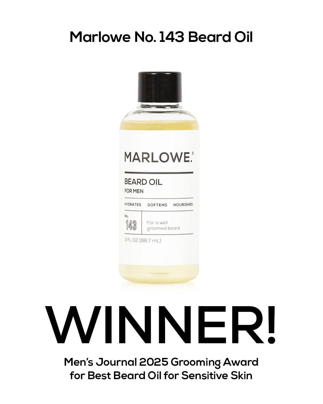 MARLOWE. No. 143 Beard Oil 3 oz, Conditioning Oil for Men, Softer & Fuller Beard Care, 100% Natural Softener with Sunflower & Safflower Oils
