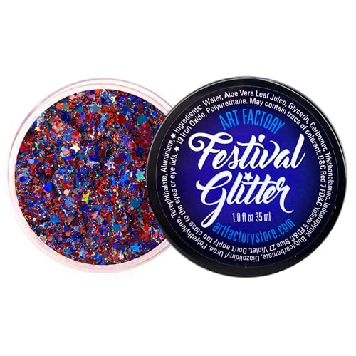 Art Factory Fireworks Body Glitter Gel - Red White and Blue Holographic Cosmetic Glitter for Face, Hair & Body - Patriotic Festival Rave Makeup, Long
