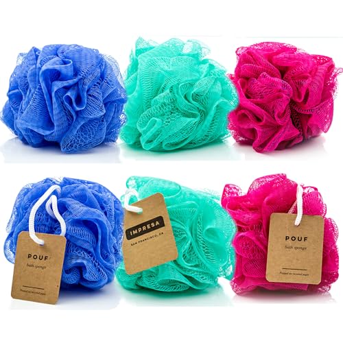IMPRESA Mesh Bath & Shower Loofah Sponges - 5-Inch - Pack of 6 Gentle Exfoliating Body Scrubber & Bath Pouf - Home & Travel Loofah Pack - Durable