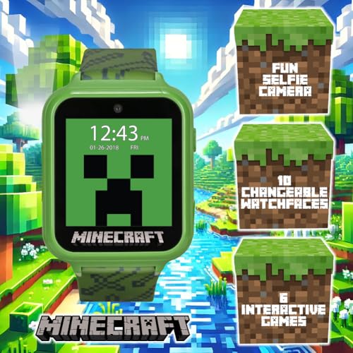 Minecraft Kids Smart Watch – Touchscreen with Camera, Video, Games, Alarm, Calculator, Pedometer & 10 Custom Clock Faces