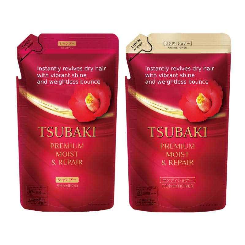 Bundle Moist Repair Tsubakii Shampoo and Conditioner Refill Set - Camellia Oil - Moisturizes, Protects Dry Damaged Hair, 300ml+300g