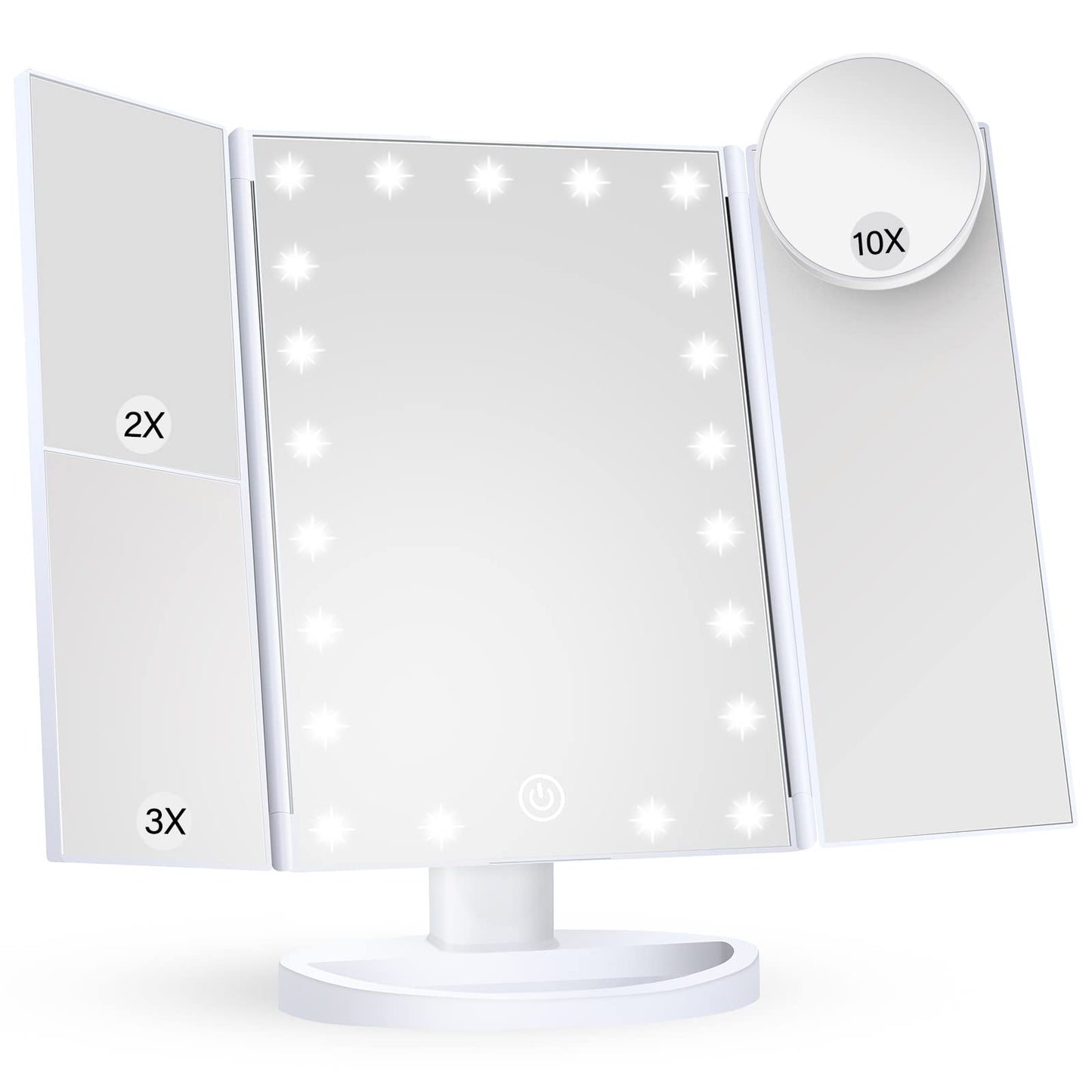 HUONUL Lighted Makeup Vanity Mirror – 2X, 3X, 10X Magnification, Touch Control, Trifold Design, White, Modern Style