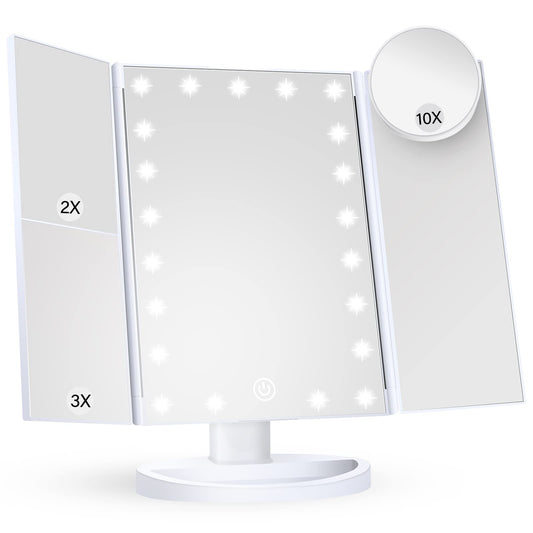 HUONUL Lighted Makeup Vanity Mirror – 2X, 3X, 10X Magnification, Touch Control, Trifold Design, White, Modern Style