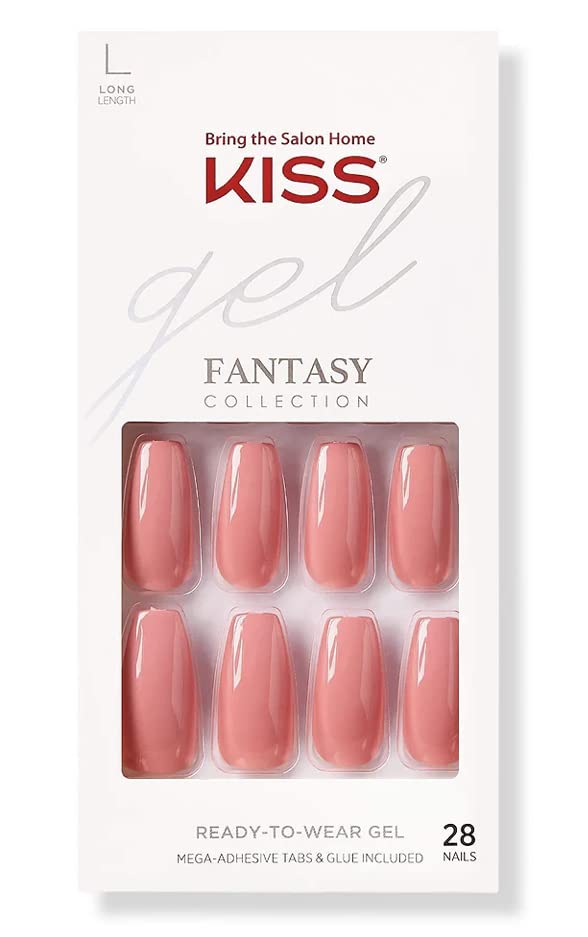 Kiss Gel Fantasy Collection Fake Nails Manicure Set, Pink, Long Length, Coffin Shaped, Style 'Urbane', with Mini Nail File, Pink Gel Nail Glue & 28 Beauty & Personal Care KISS
