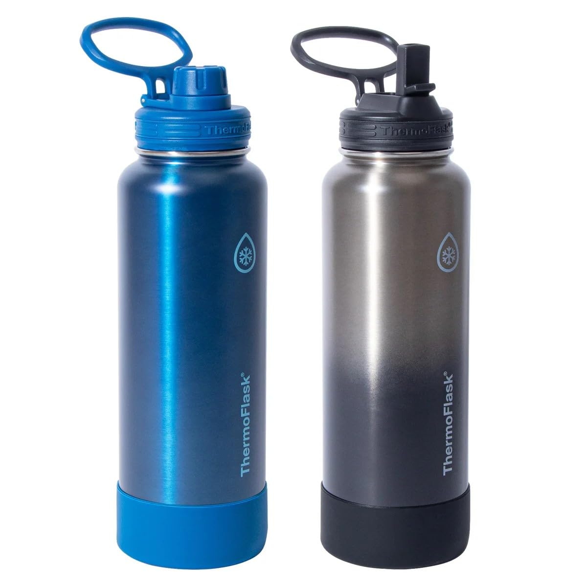 ThermoFlask Stainless Steel Water Bottle, 40 oz, 2-Pack (Silver/Blue Brushed)