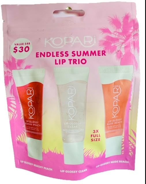 Kopari Endless Summer Lip Trio Lip Glossy Beachy Peach, Clear, Nude Beach (Endless Summer Lip Glossy, Trio)