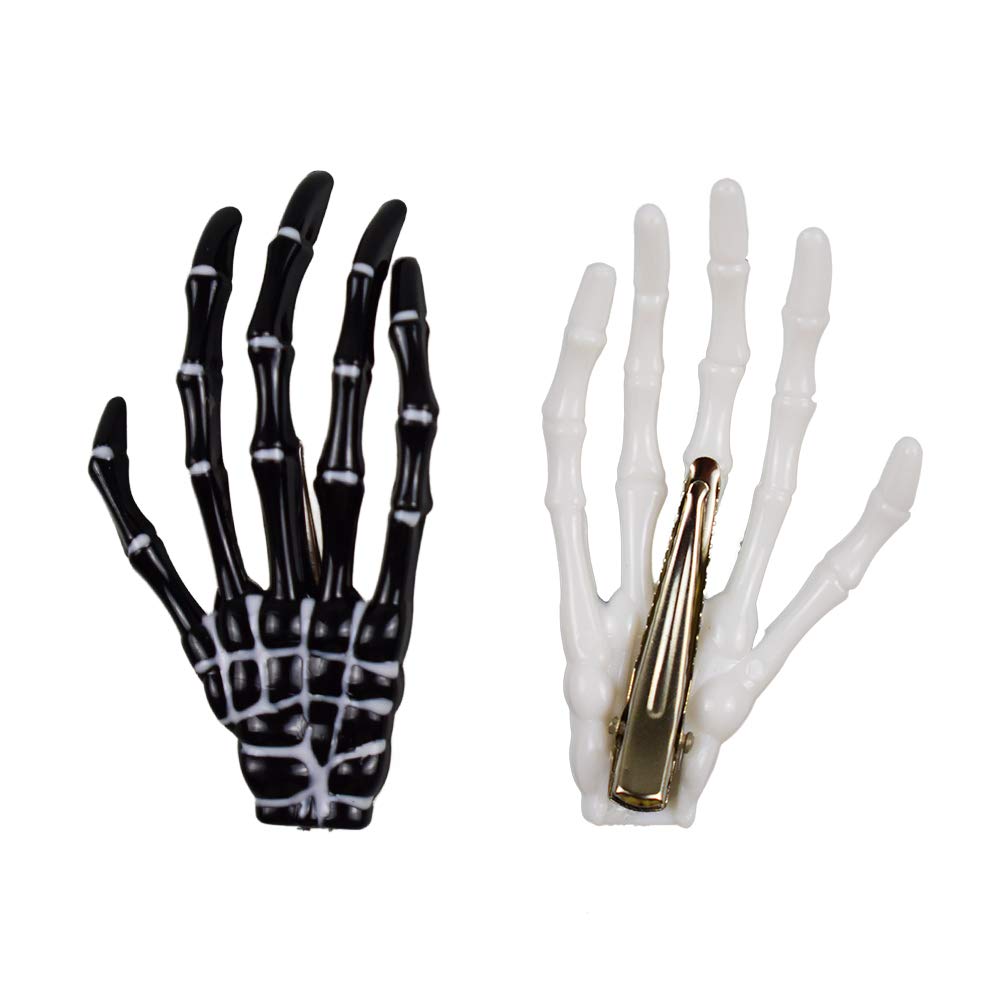 Halloween Skeleton Hands Bone Hair Clips - White and Black (2 Pairs), Punk Rock Horror Hair Clip for Women Girls Hair Accessories