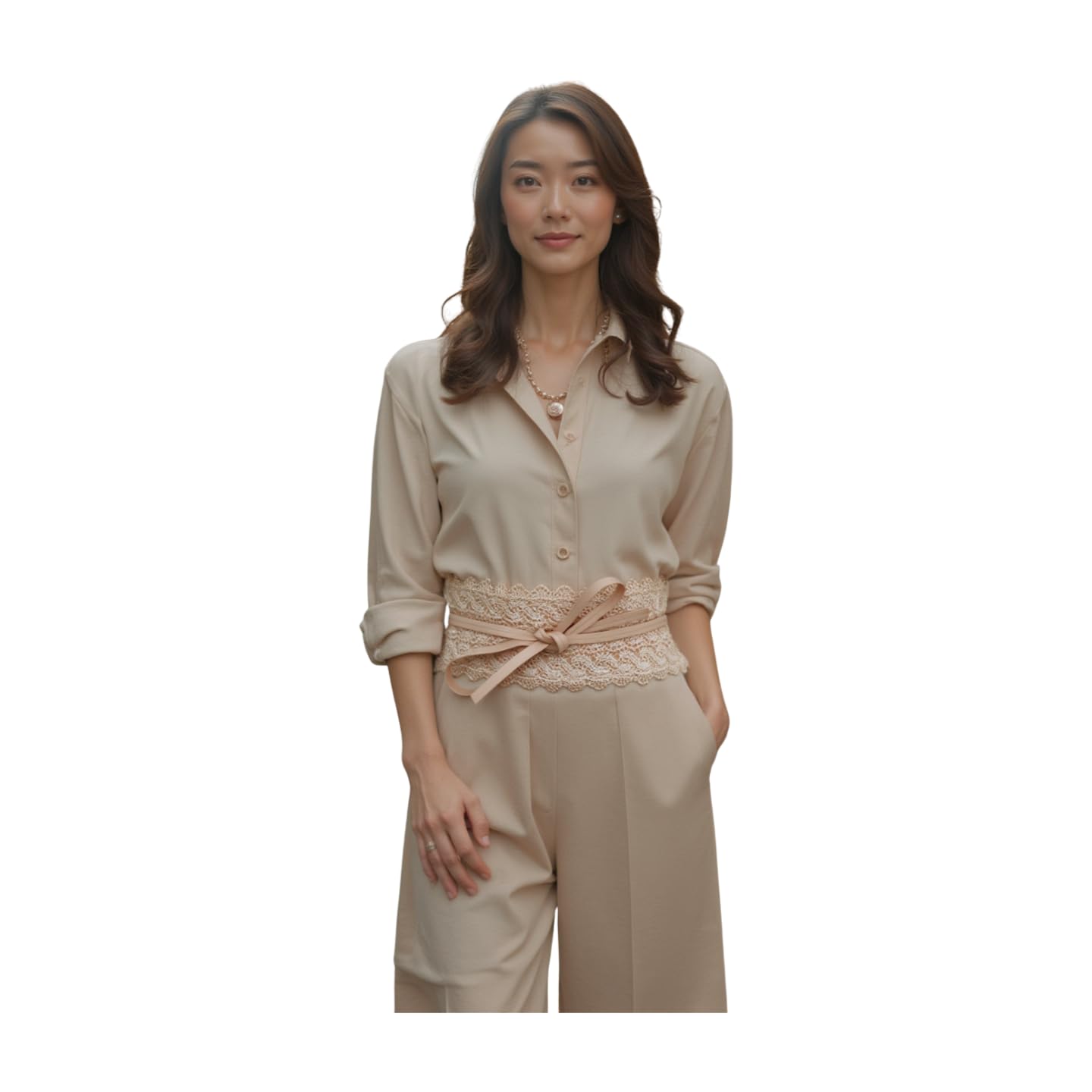 Women Wide Floral Lace Fabric Waistband Wrap Around Chic Fashion Tie Belt Size S M L (Cream pearl)