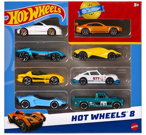 Hot Wheels, Set of 8 Basic Toy Cars & Trucks in 1:64 Scale, Includes 1 Exclusive Car, Different Mixes Released Throughout The Year, Styles May Vary