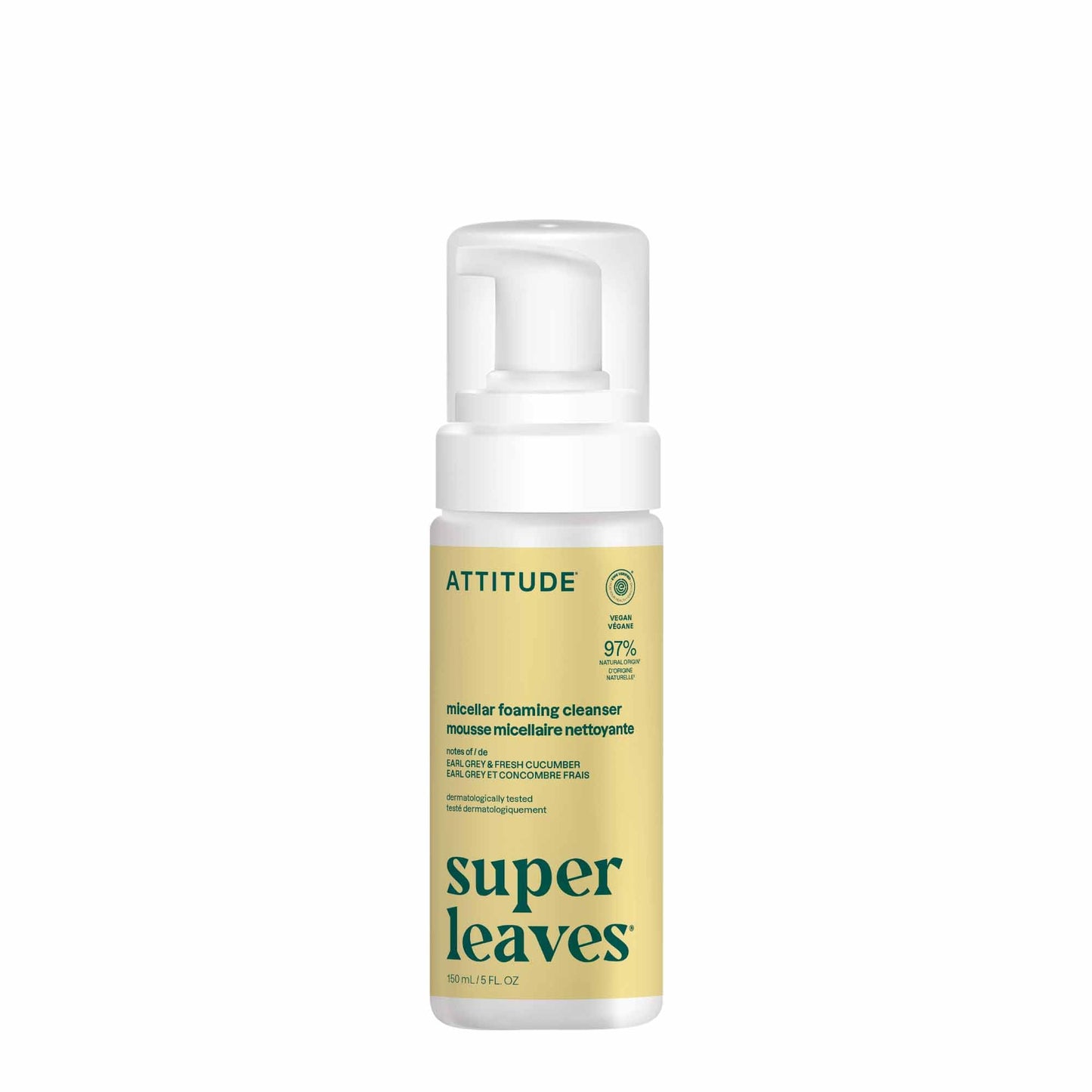 ATTITUDE Micellar Foaming Facial Cleanser, EWG Verified, Dermatologically Tested, Plant and Mineral-Based, Vegan, Earl Grey & Fresh Cucumber Scent, 5