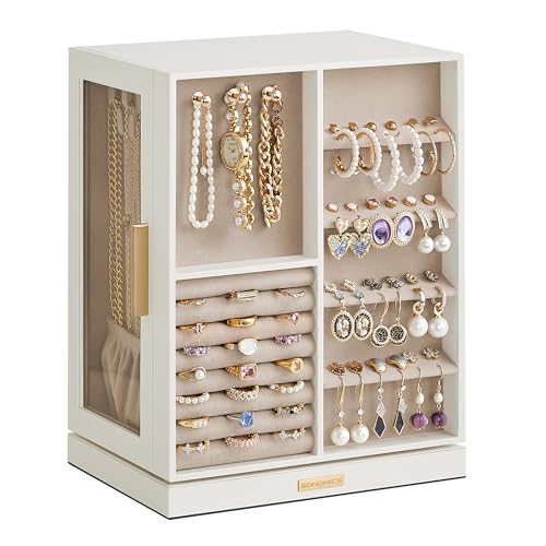 SONGMICS Jewelry Box 360° Rotating, Jewelry Storage Case with 5 Drawers, Jewelry Organizer, Glass Window, Spacious, Vertical Jewelry Storage, Open…