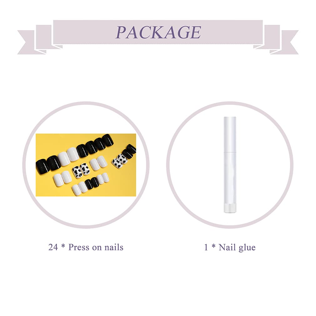 BABALAL Square Press-on Short Cow Print Nails - 24Pcs Cute Squoval Fake Glossy Black Acrylic Nails for Women and Girls