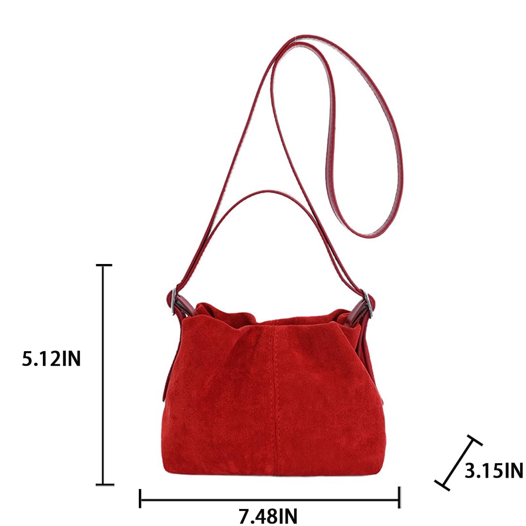 Suede Hobo Bags for Women Suede Tote Handbag Drawstring Bucket Bag Slouchy Crossbody Shoulder Bag Satchel Everyday Purse (Red)