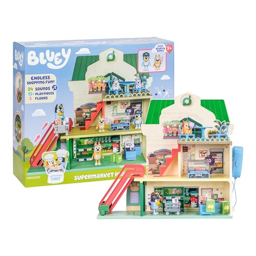 Bluey and Bingo Supermarket Playset with Escalator, Pretend Play Toys for Toddlers, Sounds and 15 Pieces, Grocery Store Playset