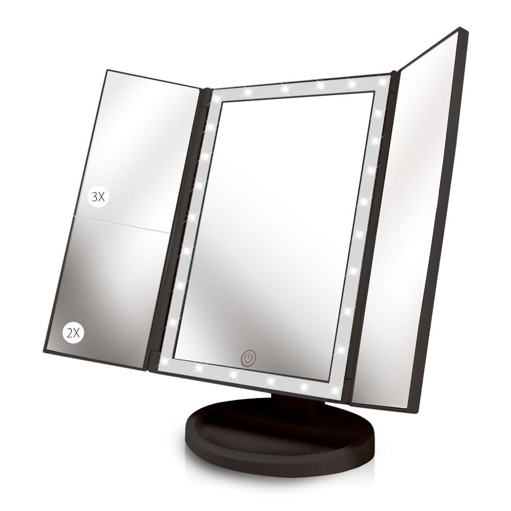 Beautyworks Backlit Makeup Vanity Mirror 36 LED Lights Touch-Screen Light Control, Tri-Fold 1/2/3X Magnification, Portable High-Definition Cosmetic
