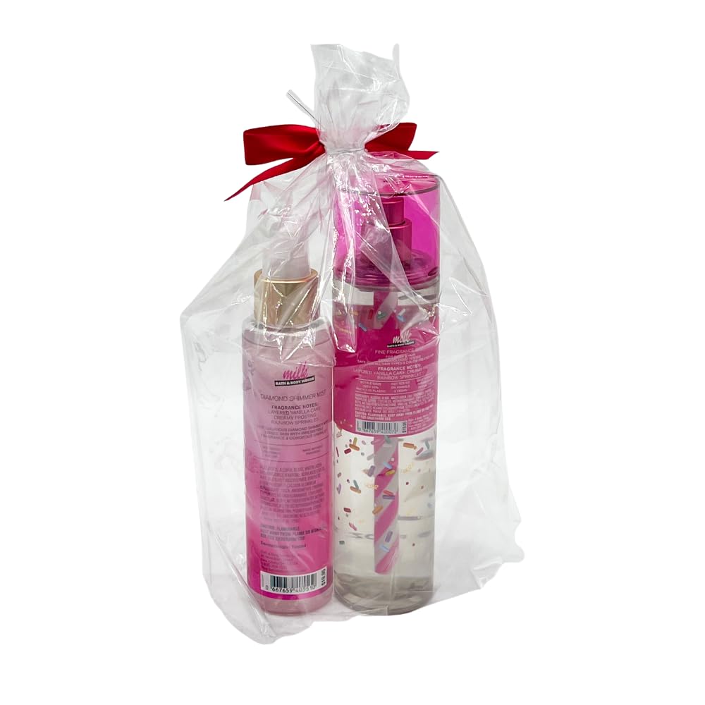 Bath & Body Works MILK BAR BIRTHDAY CAKE Fine Fragrance Mist & Diamond Shimmer Mist 2pc bundle with a Red Bow for Holidays & Gifts