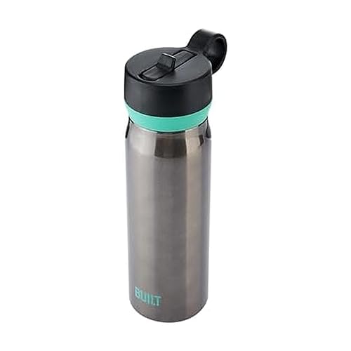 BUILT 20 fl oz Double-Walled Stainless Steel Wide Mouth Cascade Bottle, Straw Lid Spill-resistant Travel Cup with Rubber Grip Keep Drinks Cold Hot
