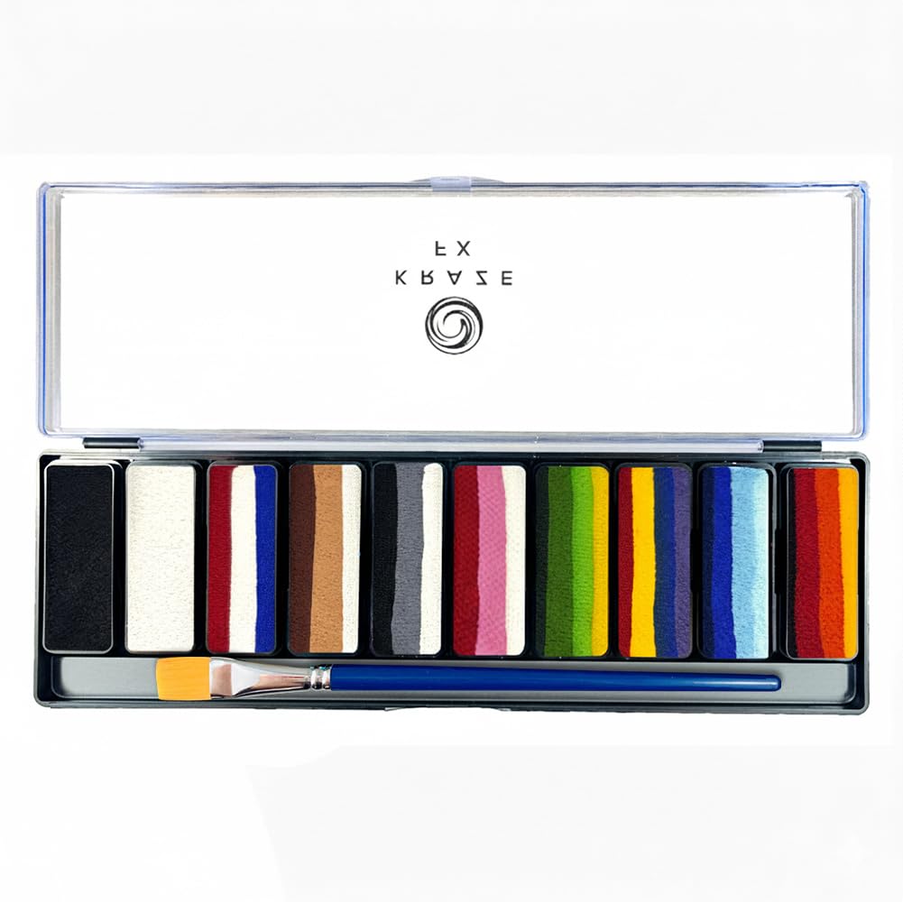 Kraze FX Key Colors Face Paint Palette - 10 Essential Split Cakes Including Black & White - 3/4" Professional Travel Set - Bestselling Color