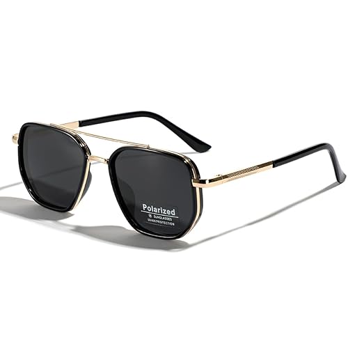 weiyuchen Polarized TR90 Sunglasses Vintage Square Flattop Sun Glasses Double Bridge Metal UV400 Eyewears (gold with black)