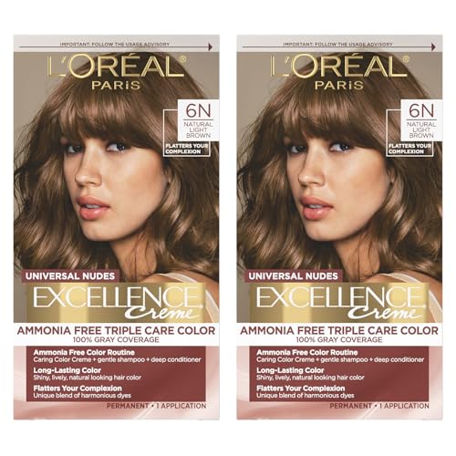 L’Oreal Paris Excellence Universal Nudes Permanent Hair Color, Ammonia Free Hair Dye for Gray Hair Coverage, 6N Natural Light Brown, 1 Kit (Pack of 2) Beauty and Personal Care L'Oreal Paris Default Title