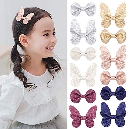 Liasun 12Pcs/set Butterfly Bowknot Hair Clips Soft Wave Grain PU Hair Bows Clips with Alligator Clips Barrettes Hair Accessories for Baby Girls Kids