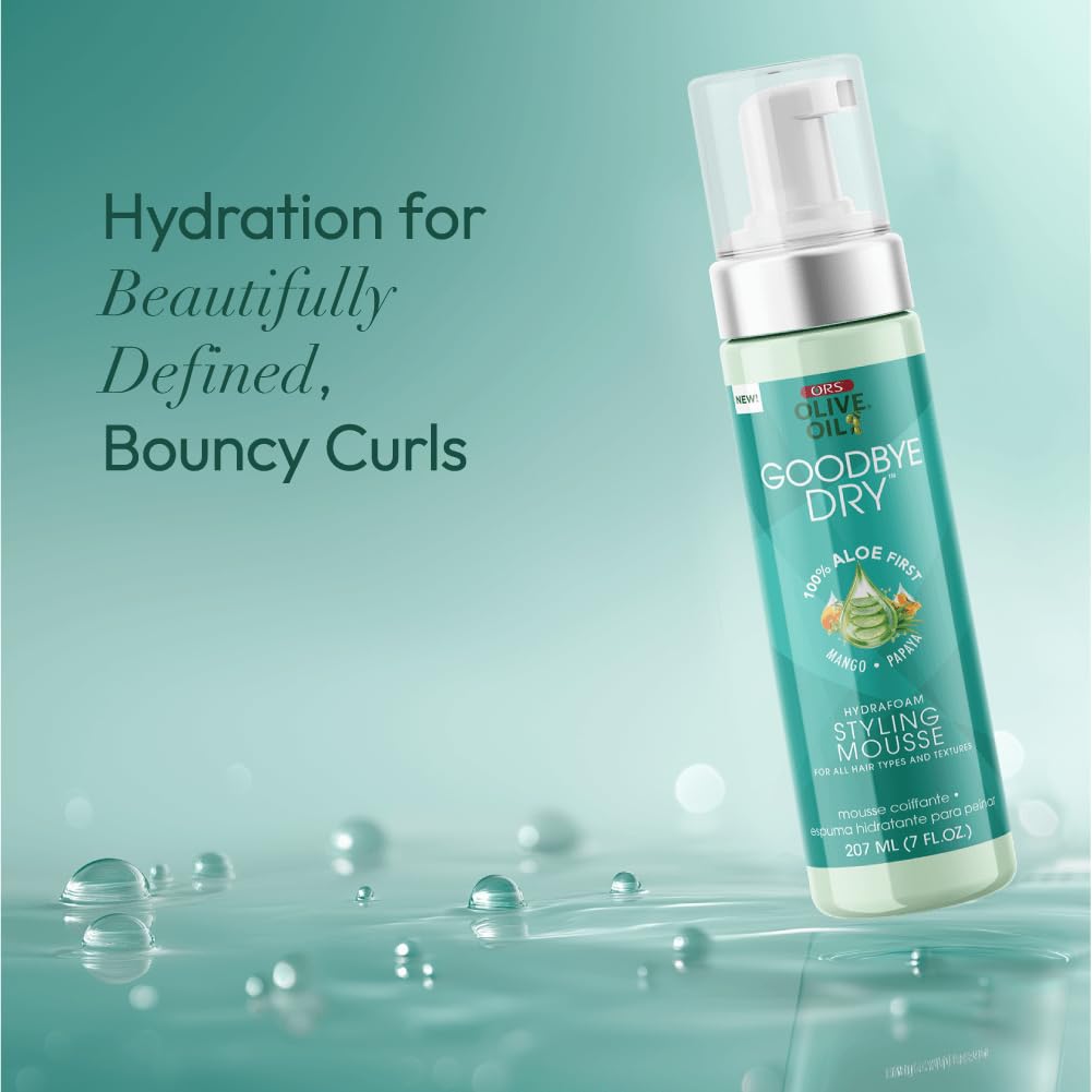 ORS Olive Oil Goodbye Dry Hydrafoam Styling Mousse with Aloe, Mango & Papaya, Hydration & Nourishing for all Hair Types and Textures 7 Ounces