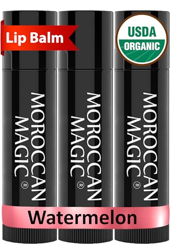 Moroccan Magic Organic Watermelon Lip Balm 3 Pack | Ultra-Hydrating Argan & Essential Oil Lip Moisturizer + Vitamin E | Natural Chapstick for Dry Lips