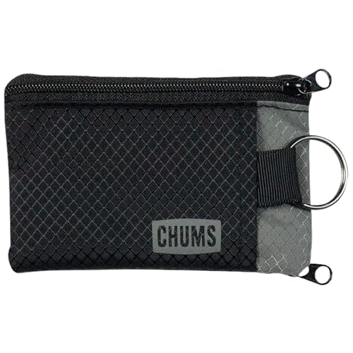 Chums Surfshorts Wallet - Lightweight Slim Wallet with RFID Blocking Card & Clear ID Window - Zippered, Minimalist Wallet w/Key Ring (Black/Gray)