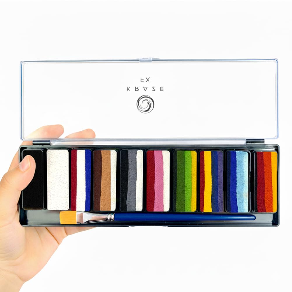 Kraze FX Key Colors Face Paint Palette - 10 Essential Split Cakes Including Black & White - 3/4" Professional Travel Set - Bestselling Color