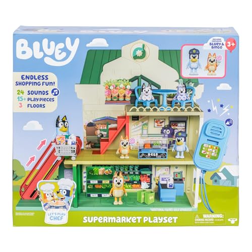 Bluey and Bingo Supermarket Playset with Escalator, Pretend Play Toys for Toddlers, Sounds and 15 Pieces, Grocery Store Playset