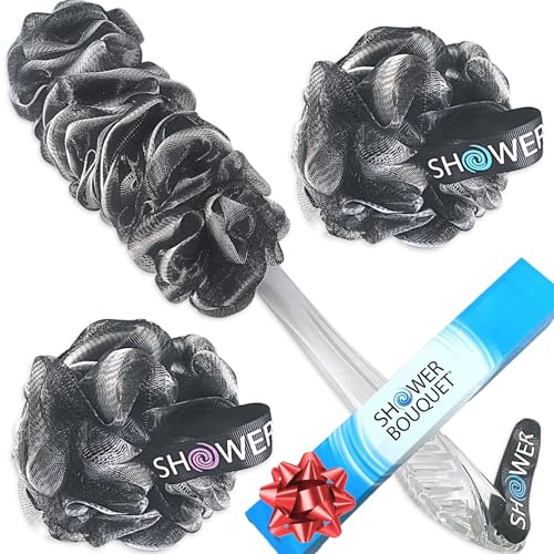SHOWER BOUQUET Loofah-Charcoal Back-Scrubber & Bath-Sponge Set // 1 Long-Handle-Back-Brush Plus 2 Extra Large 75g Soft Mesh Loofa-Lufa-Loufa Puff