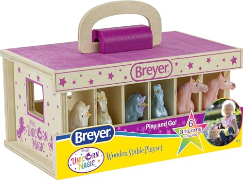 Breyer Unicorn Magic Wooden Carry Stable Playset – 6 Hand-Painted Unicorn Horses in Case, Imaginative Playset & Gift for Kids Ages 4–8