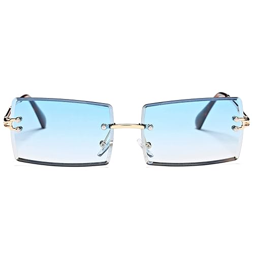 Hycredi Rectangle Sunglasses for Men/Women Small Rimless Square Shade Eyewear (Blue)