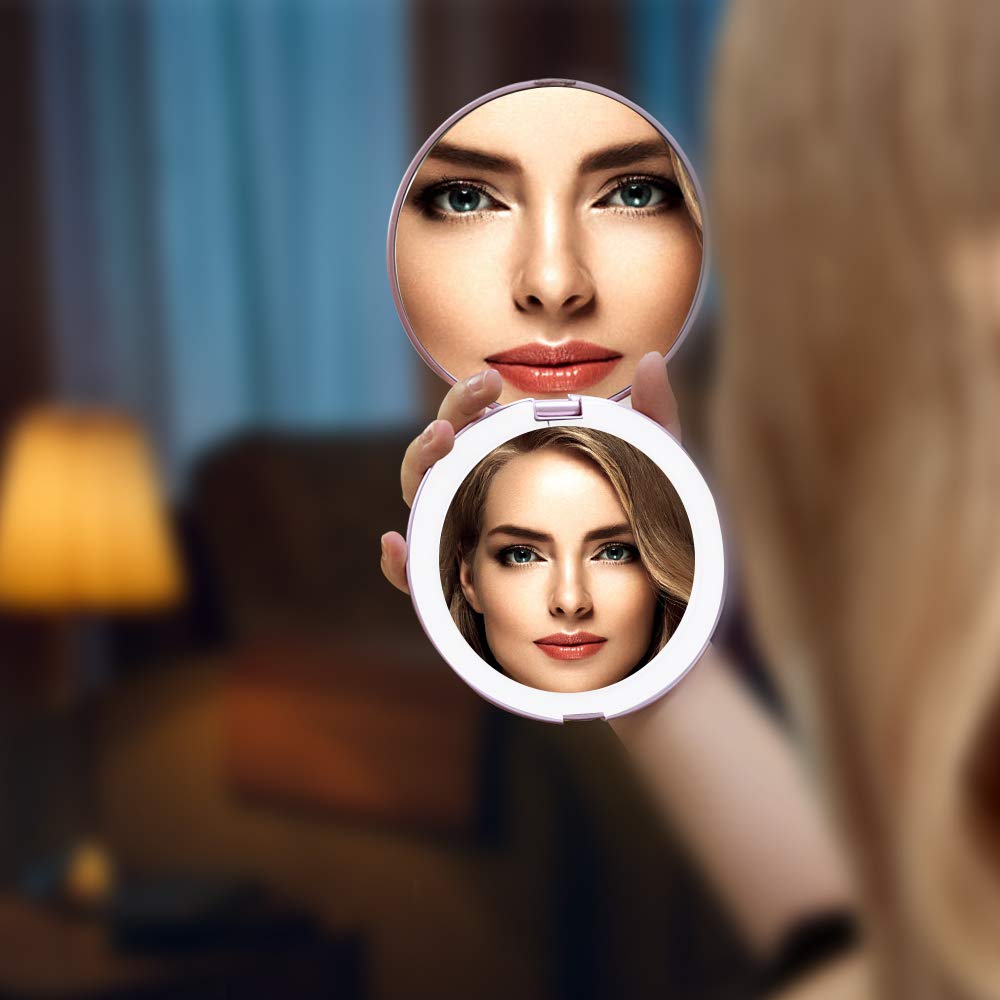 Benbilry LED Lighted Compact Travel Makeup Mirror with Lights, 1x/7x Magnification, 5 Inch Dual Sided Portable Illuminated - Perfect for Handbag