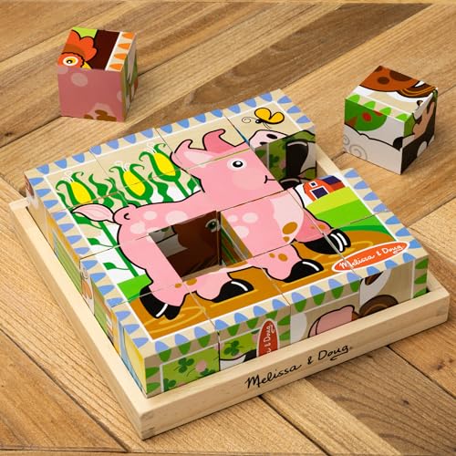 Melissa & Doug Farm Wooden Cube Puzzle – 6-in-1 Animal Puzzle with 16 Cubes & Storage Tray, Educational Farm Toy for Toddlers Ages 3+, FSC Certified