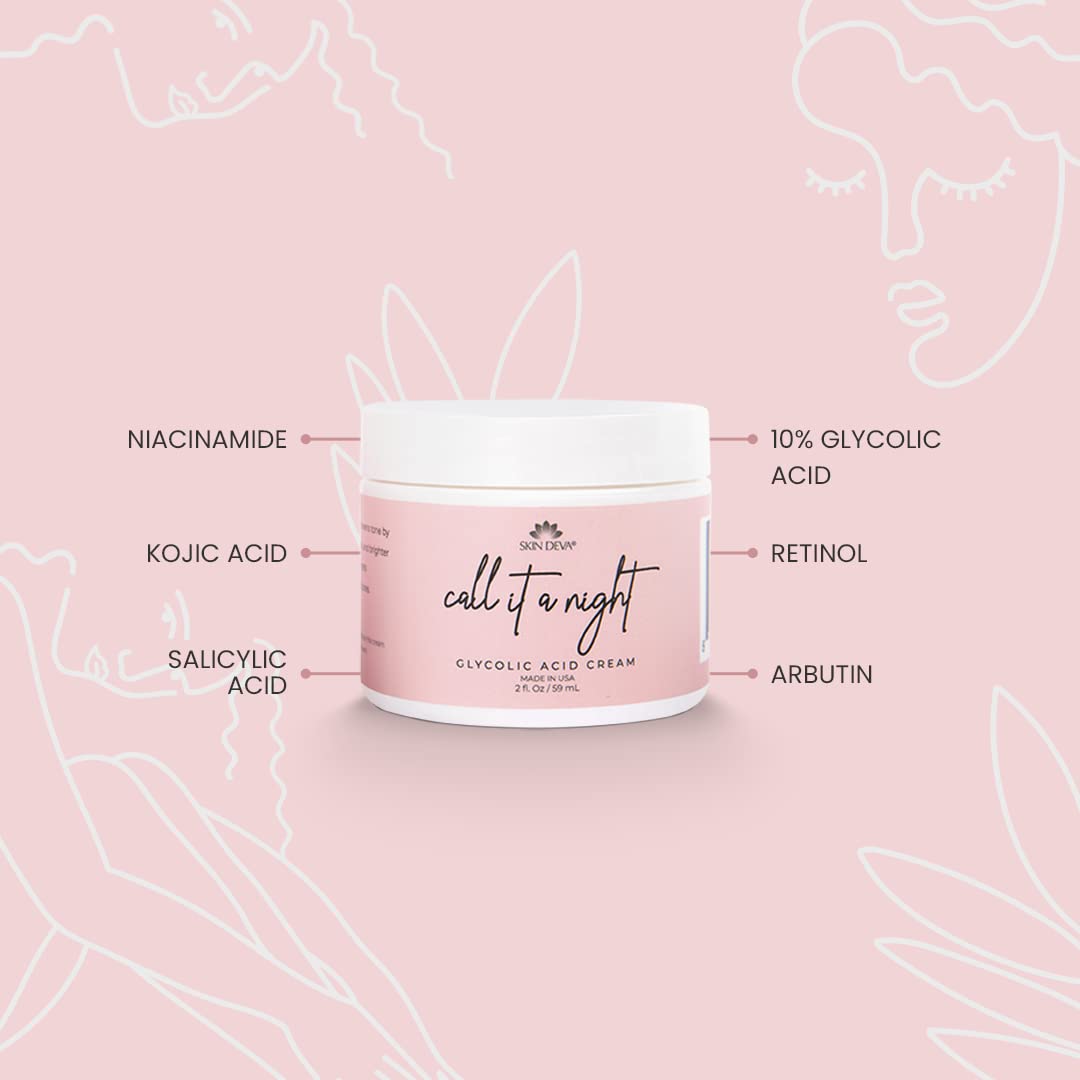 Skin Deva Glycolic Acid Cream Exfoliates Skin During Sleep - Brightens, Corrects Dark Spots & Shadows, Evens Skin Tone, Reduces Pores. Natural
