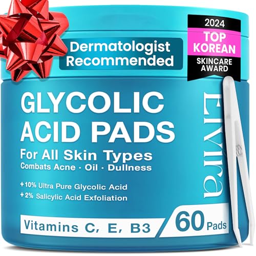 Elvira Glycolic Acid Exfoliating Facial Pads With 10% Glycolic Acid, 2% Salicylic Acid & Niacinamide - 60 Toner Pads, Daily Peel Treatment for Acne