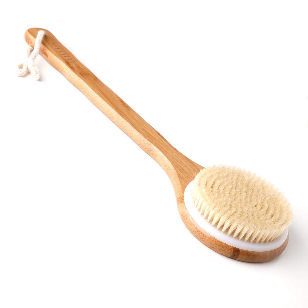 Ithyes Body Brush Dry Brushing Back Scrubber Shower Bath Brush Bamboo Wood Long Handle Natural Bristles exfoliating Massage Improve Blood Circulation